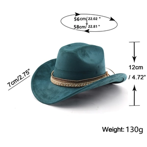 Detailed size specifications for blue suede cowboy hat showing dimensions and weight