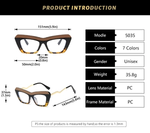 Detailed size chart for stylish cat-eye frames with wavy metal temples and dimensions