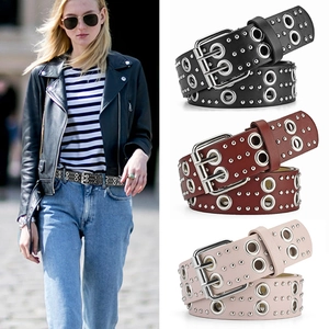 Punk style hollow rivet belt with double grommets in black, reddish brown and pink