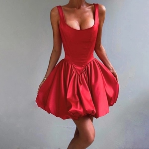 Satin Mini Bubble Dress Sleeveless Square Neck Back Zipper Pleated Sexy Cocktail Party Women And Gloves