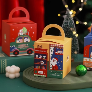 Cartoon Christmas paper gift boxes with handles for candy and small festive treats