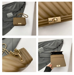 Detailed views of brown quilted shoulder bag with gold chain strap and square lock