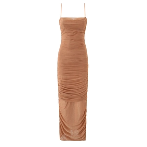 Robe longue en tulle marron café avec fronces et fines bretelles, coupe moulante