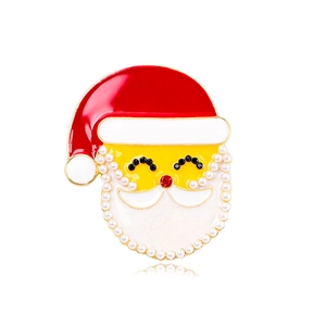 Festive Santa Claus brooch with red enamel hat, white pearls, and rhinestone accents