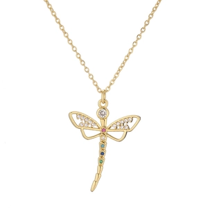 Exquisite gold dragonfly pendant necklace with colorful cubic zirconia and thin chain link