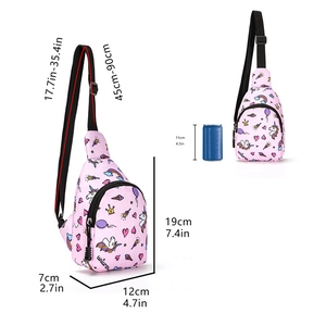 Pink unicorn kids sling bag with adjustable strap and dimension details on white background
