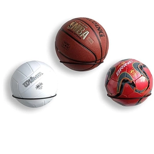 Wall-mounted black metal sports ball storage rack for basketball, football, and soccer
