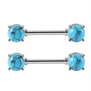 Pair of stainless steel nipple rings with turquoise-colored faux stone bead ends
