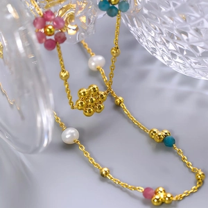 French vintage style natural apatite necklace with colorful beads and flower charms