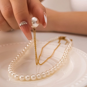 French Retro Layered Stainless Steel Artificial Pearl Necklace For Women 18K Gold Plated Vintage Elegant Clavicle Chain Jewelry