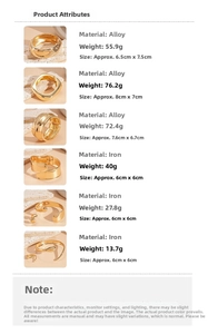 Dettagli dei bracciali dorati in lega con specifiche di peso, dimensioni e design metallico