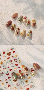 Detail of 5D embossed autumn nail stickers featuring mushrooms, squirrels, and leaves