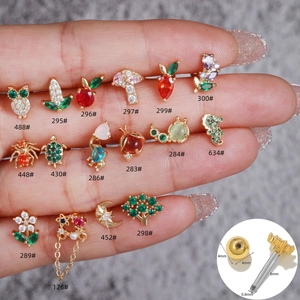 Mini animal and fruit earring studs with colorful cubic zirconia in gold plating