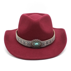 Burgundy wool cowboy hat with ethnic turquoise band and flat brim for sun protection