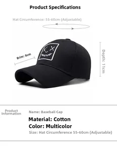 Size details of black cotton baseball cap with XX embroidery and adjustable strap