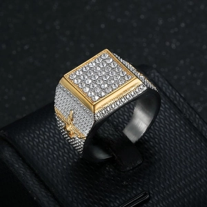 Hip hop square ring for men featuring gold-plated insect relief and iced-out zircon pave