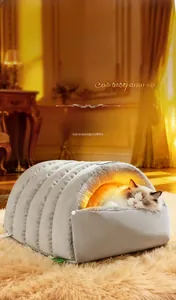 Close-up of semi-enclosed pet sleeping bag with soft grey plush lining for cats