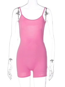 Detailed front view of pink backless bodycon romper with pleated straps and slim fit design