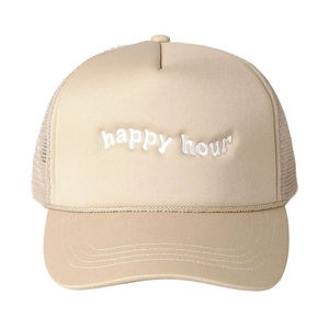 Beige trucker hat with Happy Hour embroidery and breathable mesh back for outdoor travel