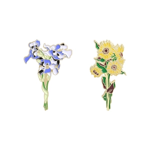 Détails de broches en émail coloré avec iris et tournesol et placage d'or fin