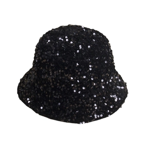 Elegant black sequin bucket hat for women with shimmering circular reflective details