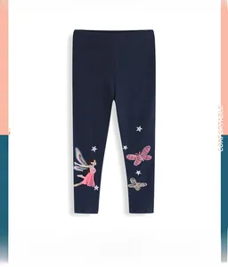 Detailed embroidery of a pink fairy and butterfly on navy cotton girls' leggings