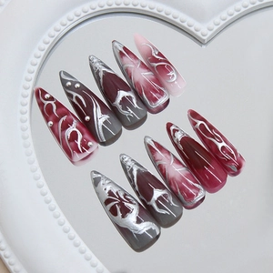 Gothic dark red stiletto press-on nails with 3D silver liquid metal and pearl accents
