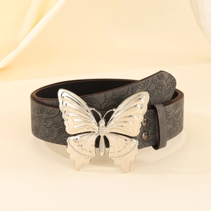 Vintage Y2K floral embossed dark grey leather belt with large silver butterfly buckle