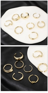 Detail of adjustable gold ring set featuring rope texture and polished knot designs