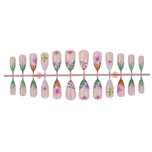 24pcs long pointed press-on nails with 3D floral designs and golden beads on pink base