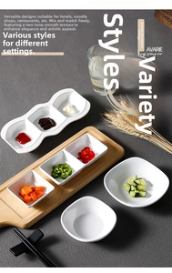 Detailed close-up of white melamine sauce dishes in various shapes on a wooden tray
