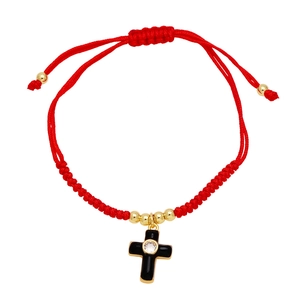 Handmade red braided string bracelet with black cross pendant and 18k gold beads
