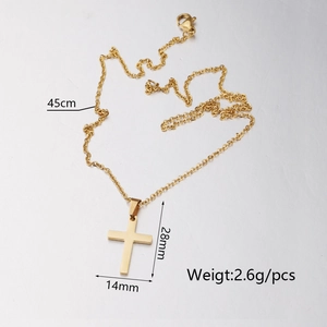 Polished gold cross pendant necklace details with dimensions 14mm by 28mm and 45cm chain