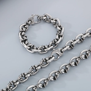 Vintage rock square rivet steel bracelet and necklace set with engraved clasp