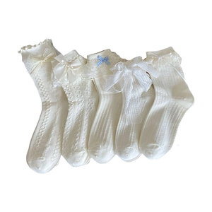 Five styles of white ballet-core lace socks with sweet bows and openwork textures