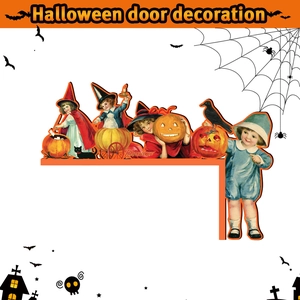 Retro Halloween wooden door corner decor featuring costumed children and black cat illustration