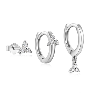 Detailed view of three-piece silver S925 earring set with white cubic zirconia stones