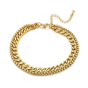 Double-layered gold chain anklet with Cuban and box links for a trendy fashion look
