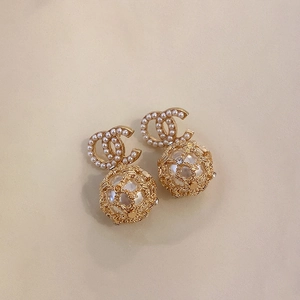 Elegant gold double C earrings with pearls and hollow floral sphere pendants
