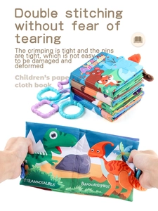 Detail of durable double stitching on tear-resistant baby cloth book with animal themes