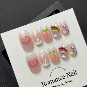Unghie Finte a Pressione Fatte a Mano Pesca Arcobaleno Rosa Gelatina Con Decorazione a Cuore 3D Per Donna Ragazza Quotidiano