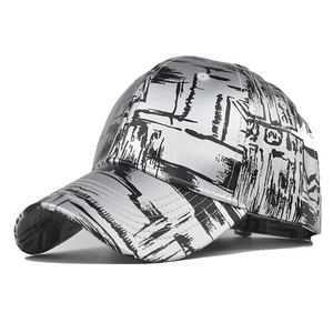 Silver metallic baseball cap with black abstract graffiti print for men and women