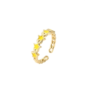 Adjustable gold open ring featuring yellow enamel stars and delicate chain link details