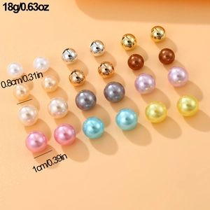 Detailed view of colorful 8mm and 10mm faux pearl earring set with sizes and weights