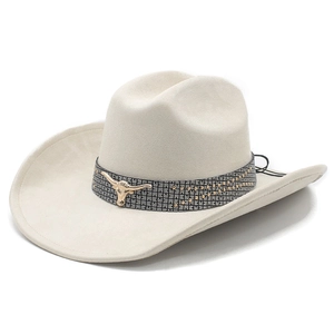 Classic beige western cowboy hat with golden longhorn emblem and tribal pattern band