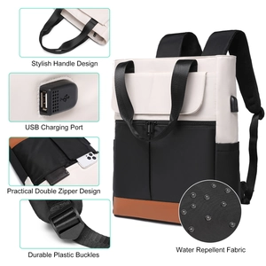 Black and white travel backpack with USB charging port and water repellent fabric