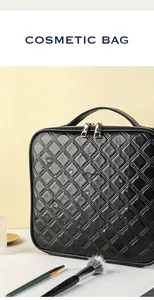 Detail of waterproof diamond quilted PU leather cosmetic bag with water droplets on surface