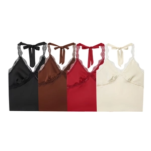 Women Satin Halter Neck Tank Top Lace Trim V-Neck Backless Solid Color Sexy Sleeveless Summer Fashion Crop Top Camisole