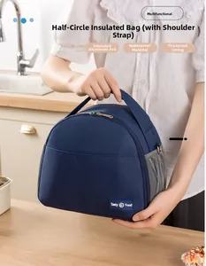 Detail view of navy blue insulated lunch bag with Tasty Food logo and shoulder strap