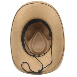 Detail of khaki western cowboy hat interior showing sweatband and adjustable wind rope